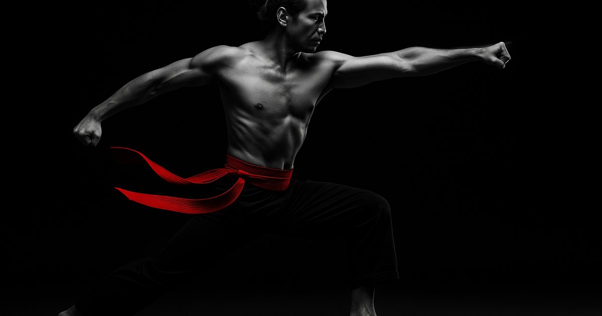 Practitioner flows from yoga pose to karate strike in dramatic light