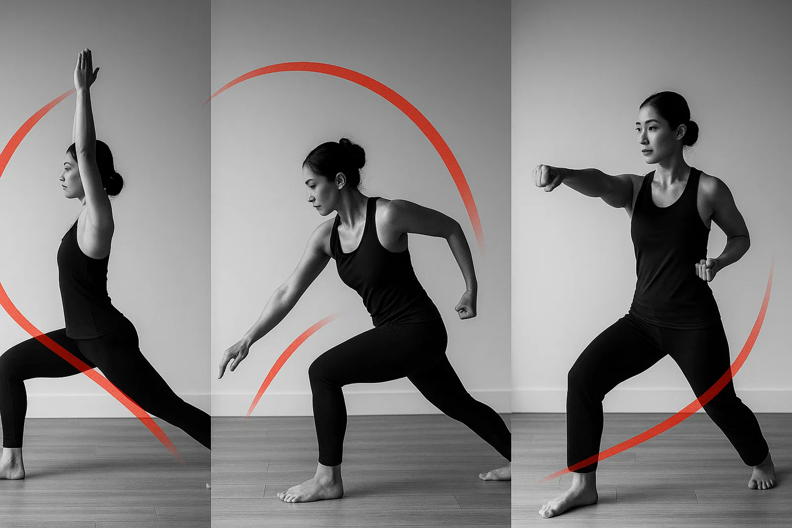 Flow sequence combining warrior pose and kata footwork