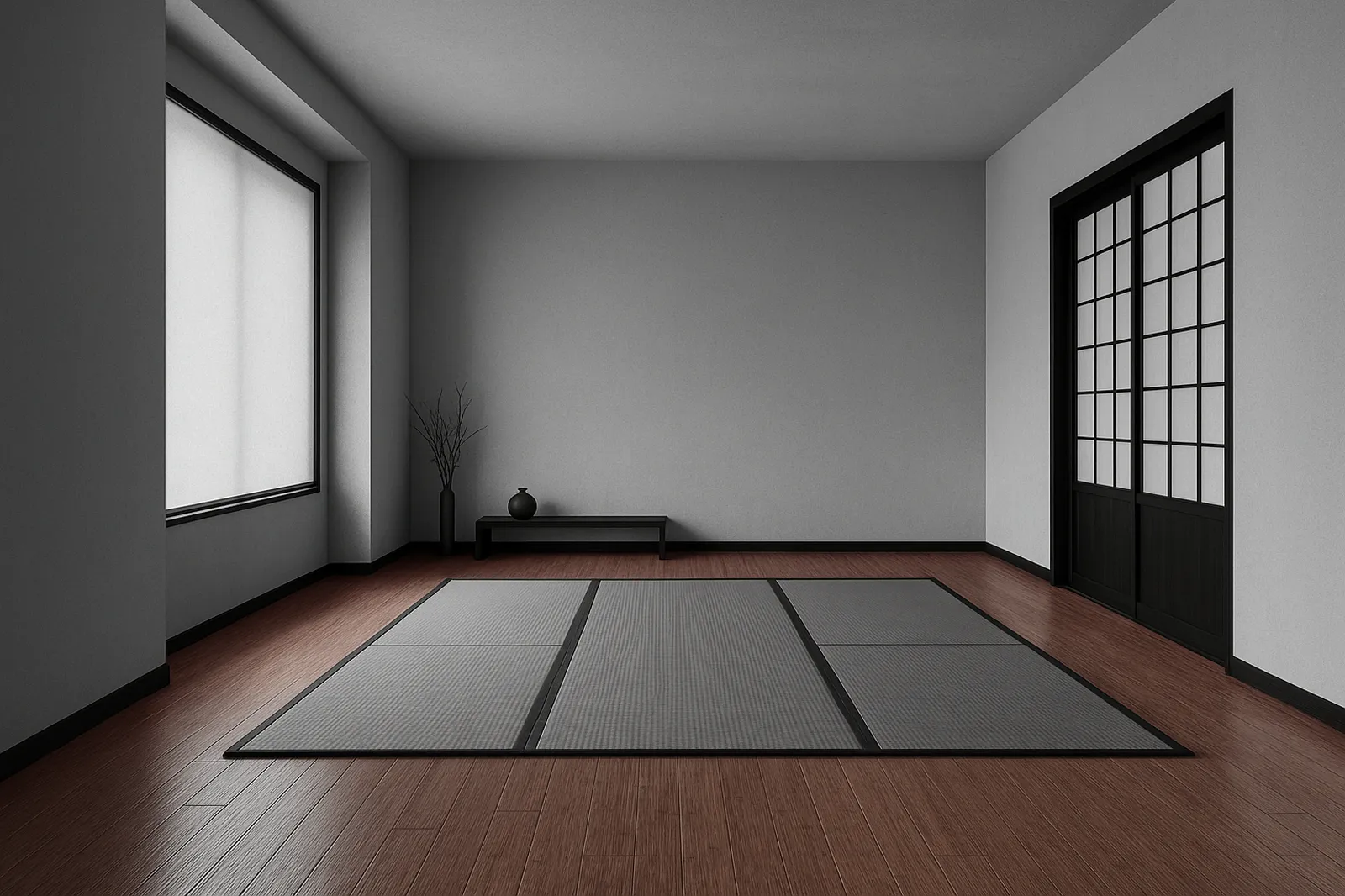 Minimalist studio with bamboo flooring and tatami accents